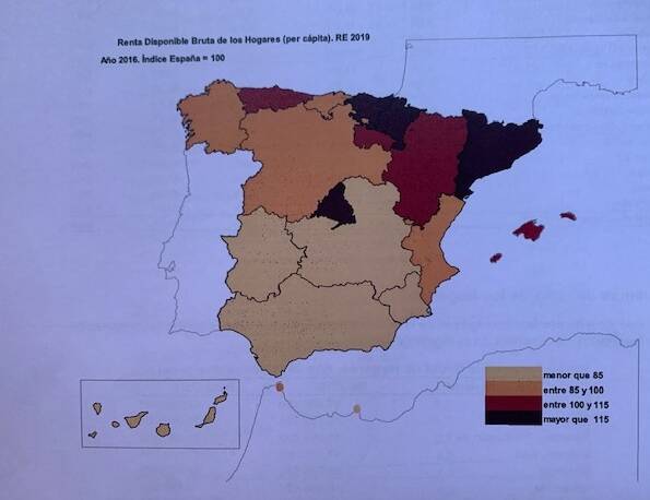 Mapa.- Mapa de Renta Disponible Bruto de los Hogares, RBD., por habitante y comunidades.