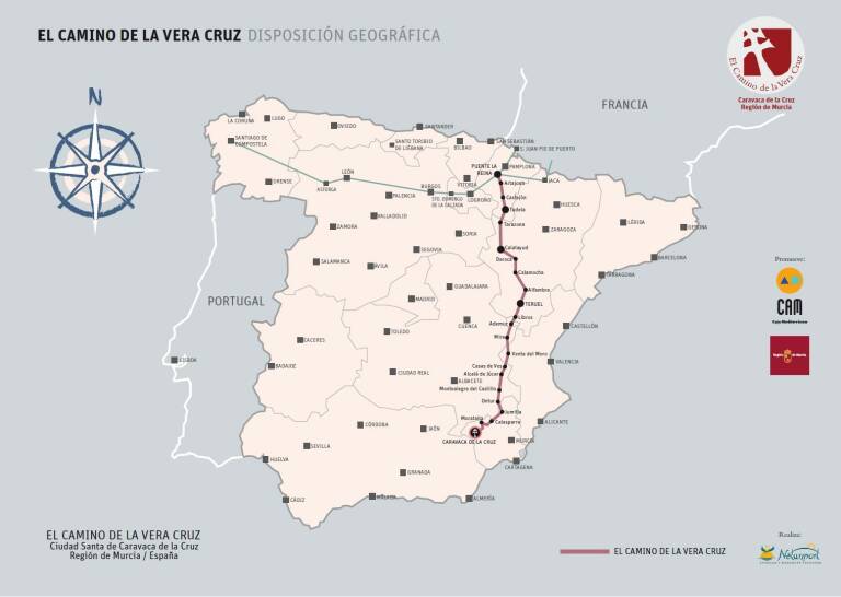 Mapa de El Camino de la Vera Cruz desde los Pirineos a la Ciudad Santa de Caravaca de la Cruz