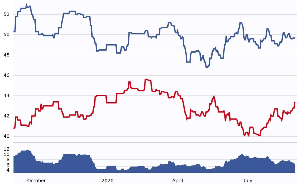 Evolución del apoyo a Biden (azul) y Trump (rojo) según Real Clear Politics.