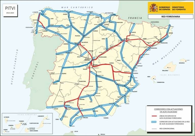  Mapa del anexo I del PITVI, en donde se recogen los corredores de Alta Velocidad con Albacete y la continuidad desde Lorca hasta Baza y Granada. Fuente: Ministerio de Fomento