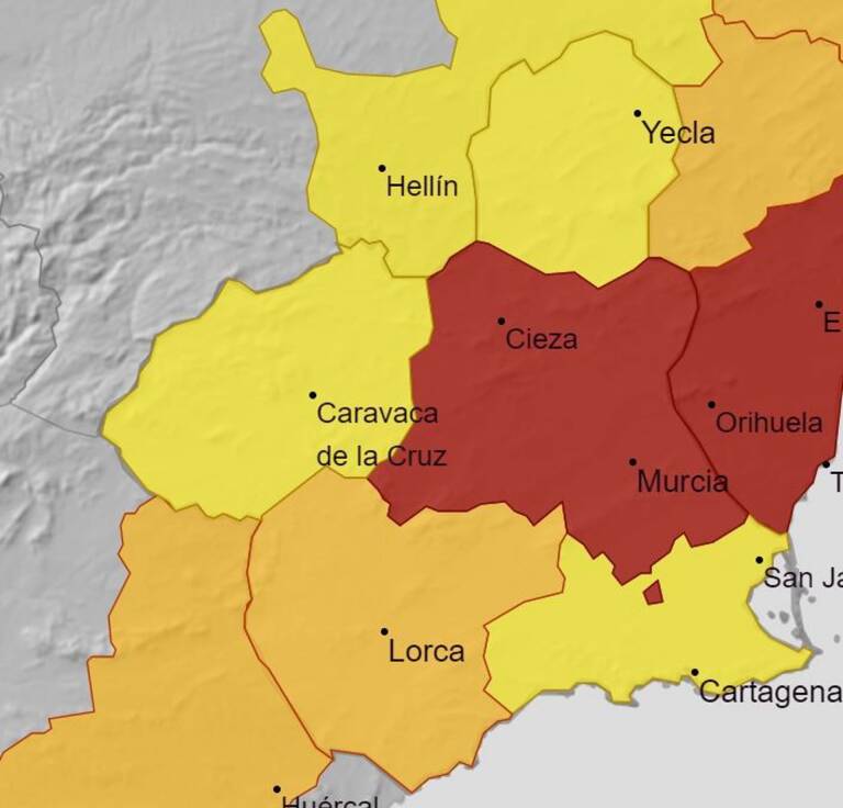 Mapa de alertas meteorológicas en la Región de Murcia. Imagen: AEMET