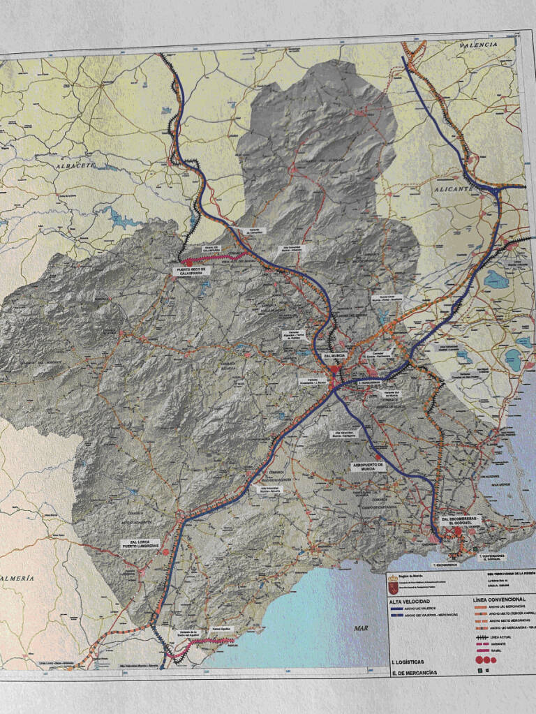 Mapa 7.2.- Corredores Ferroviarios en la Región de Murcia. Fuente: Consejería de Obras Publicas. Región de Murcia