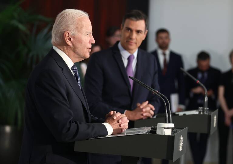 Joe Biden comparece tras su reunión con el presidente del Gobierno, Pedro Sánchez. Foto: E.PARRA POOL/EP