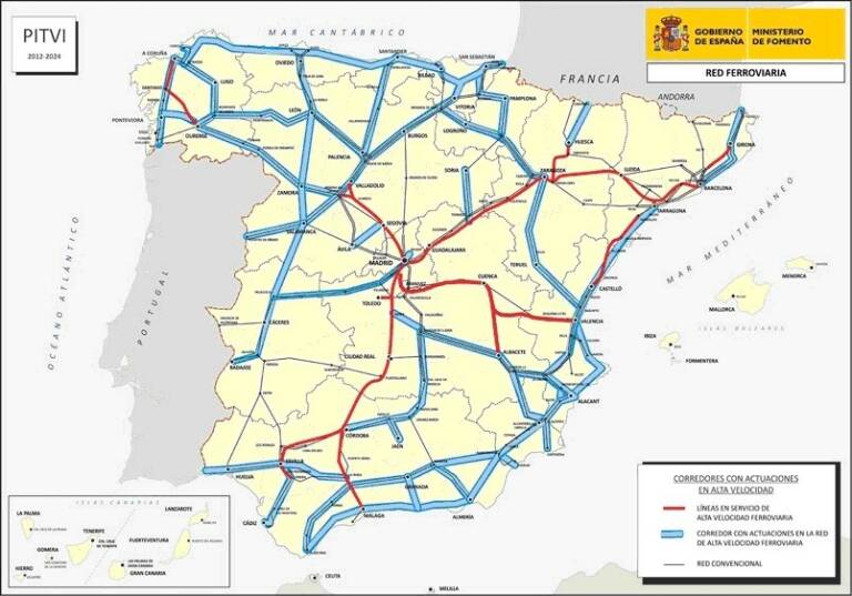 Mapa del Ministerio de Fomento, que recoge las propuestas realizadas por FERRMED de la conexión directa con Albacete y de la recuperación del corredor con Baza y la conexión con Almería.