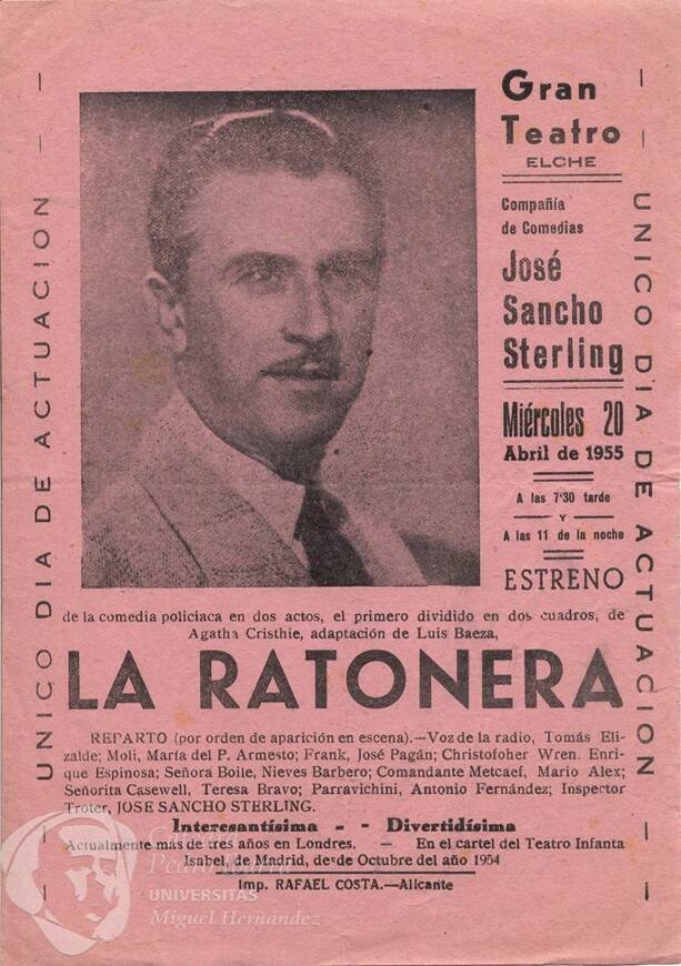 Cartel del estreno de ‘La ratonera’ en Elche, por la misma compañía que traería la obra a Murcia.