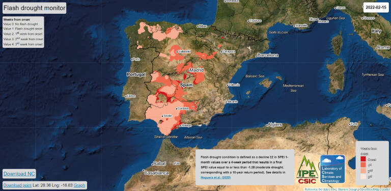 Condiciones de sequía repentina registradas en España peninsular y Baleares el 15/02/2022. Fuente: I. NOGUERA, F. DOMÍNGUEZ-CASTRO, S.M. VICENTE-SERRANO, F. REIG, 'NEAR-REAL TIME FLASH DROUGHT MONITORING SYSTEM AND DATASET FOR SPAIN', DATA IN BRIEF, VOLUME 47, 2023, 108908, ISSN 2352-3409