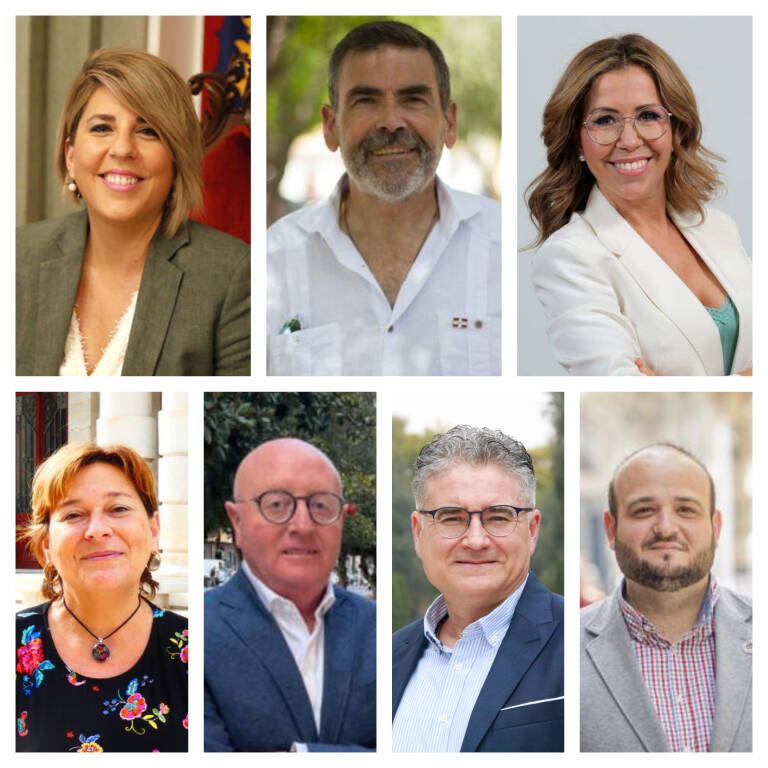 Principales candidatos de Cartagena: Noelia Arroyo (PP), José López (MC), Ana Belén Castejón (Sí Cartagena), Leli García (Podemos IU), Diego Salinas (Vox), Pedro Antonio Martínez (Cs) y Manolo Torres (PSOE).