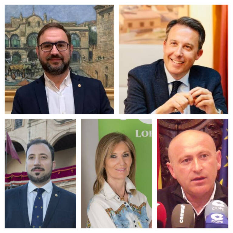 Principales candidatos de Lorca: Diego José Mateos (PSOE), Fulgencio Gil Jódar (PP), Francisco Morales (Cs), Carmen Menduiña (Vox) y Pedro Sosa (IU Podemos).