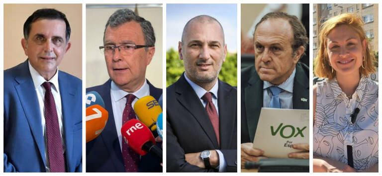 Principales candidatos de Murcia: José Antonio Serrano (PSOE), José Ballesta (PP), Pedro García Rex (Cs), Luis Gestoso (Vox) y Elvira Medina (Podemos IU).