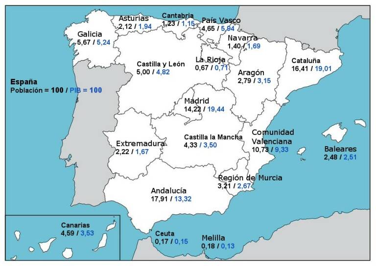 Mapa de la realidad de las CCAA., en España, en porcentajes de Población y PIB, año 2021. Fuente: INE.