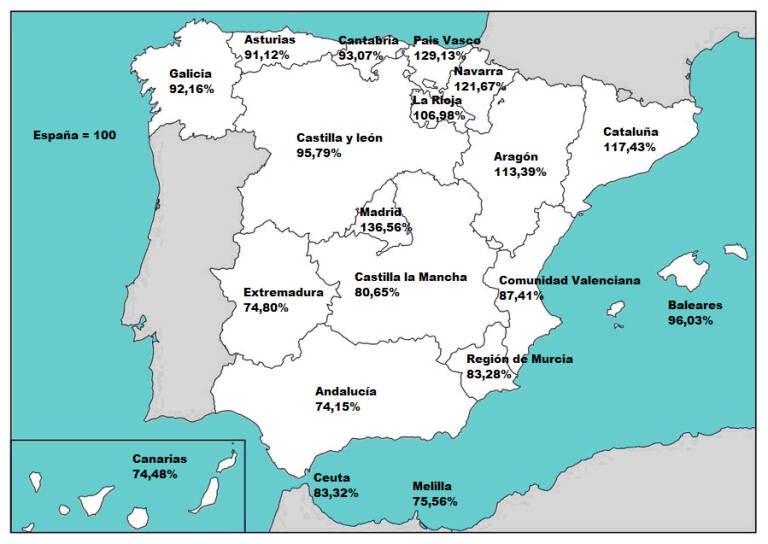 Mapa.- PIB por habitante en porcentajes, España=100, INE., Contabilidad Regional de España, año 2021