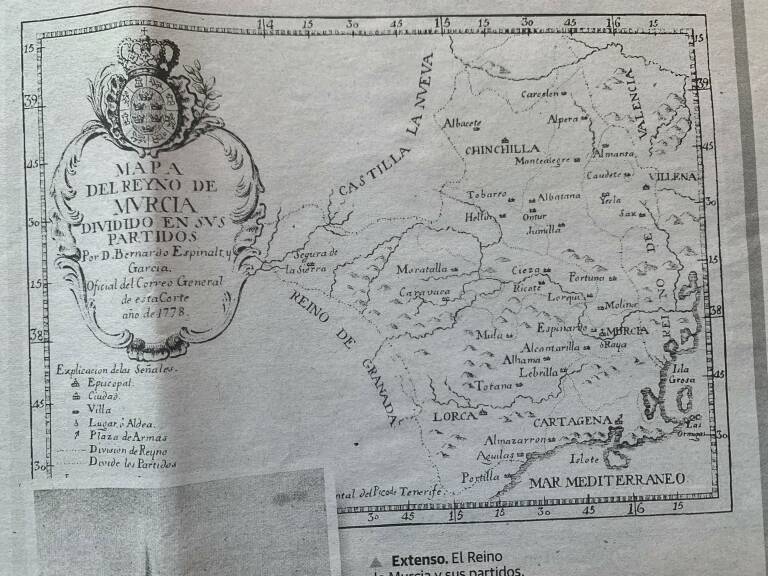 Mapa del reino de Murcia y sus partidos por Bernardo Espinal y García en el año 1778